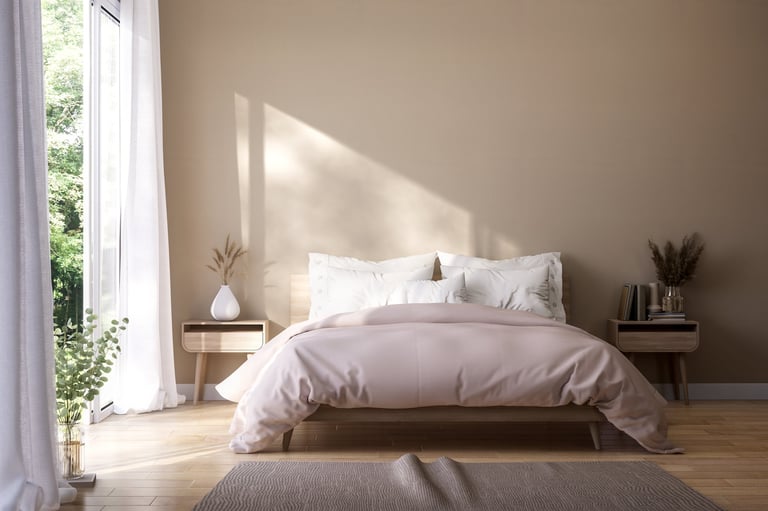 Modern contemporary beige bedroom with nature view