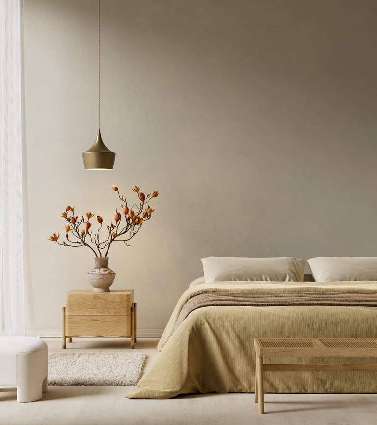 Japandi bedroom interior with minimalist modern design