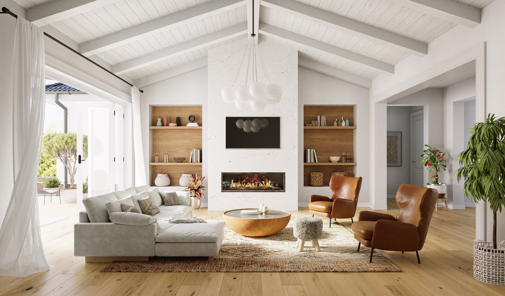 Modern living room with high vaulted ceiling, white walls, and fireplace